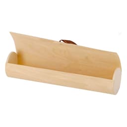 A wooden pen packaging case with a curved design and a leather strap, featuring a natural light wood colour.