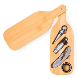 A drink bottle-shaped wooden box housing wine accessories, including a pour spout, corkscrew, and bottle opener.