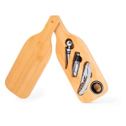 A drink bottle set in a wooden holder, featuring a wine pourer, corkscrew, and wine stopper in silver and black.