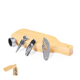 A wooden serving board displays a corkscrew, pour spout, wine stopper, and a bottle opener. The set is silver and wooden.