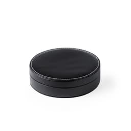 A round black leather box with decorative stitching, featuring a smooth surface and a lid.