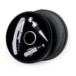 A drink bottle accessory set in a black carrying case, featuring a corkscrew, wine stopper, and pourer.