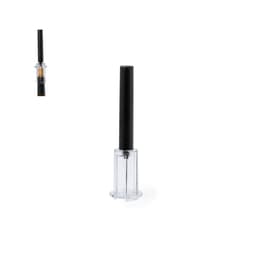 A corkscrew in black and clear plastic, designed as a compact tool with a sleek appearance and a logo.