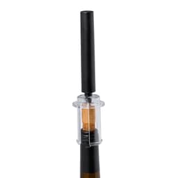 A corkscrew with a black handle and clear casing, designed to insert into a bottle for easy cork removal.