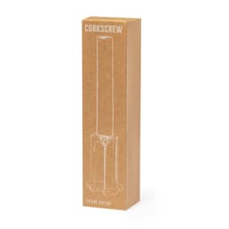 A corkscrew in a brown cardboard box with a simple design. The box has a logo on the front.
