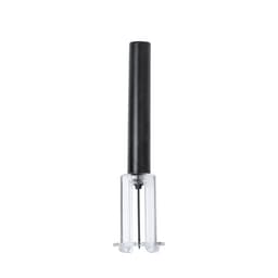 A black corkscrew with a transparent base, designed for opening bottles. Includes a logo on the handle.