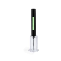 A corkscrew with a black handle and a clear plastic base, featuring a simple logo on the handle.