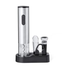 A drink bottle in silver and black, featuring a corkscrew and accessories on a black base with a branding logo.