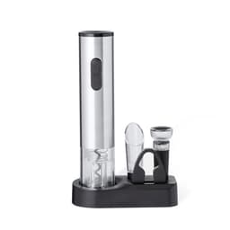 A silver wine opener set displayed on a black stand, including a corkscrew, pourer, and wine collar.