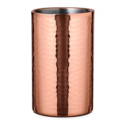 A drink bottle with a hammered copper exterior and a smooth metal interior, featuring a sleek cylindrical design.