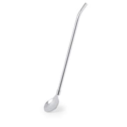 A drink straw with a spoon end, featuring a sleek silver design. It has a branding logo on the surface.