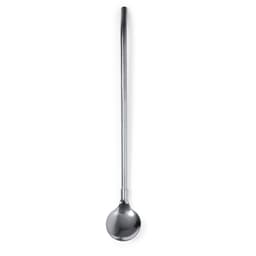 A drinking straw made of shiny metal with a long, slender design and a circular scoop end. It features a logo.