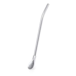 A drinking straw in silver, featuring a scoop-shaped end and a dotted surface for enhanced grip.