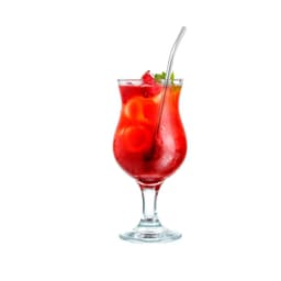 A drink bottle featuring a vibrant red beverage in a tall glass, garnished with mint and served with a metal straw.
