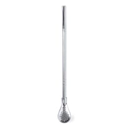 A drinking straw in silver stainless steel with a patterned tip and a straight design. Features a branding logo.