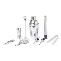 A cocktail set featuring a stainless steel shaker, jigger, strainer, stirring spoon, bottle pourers, and tongs.