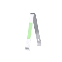 A stainless steel cocktail stirrer with a textured grip and a logo, featuring a light green band.