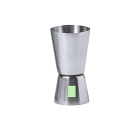 A stainless steel jigger with a sleek design, featuring a matte finish and a small coloured accent.