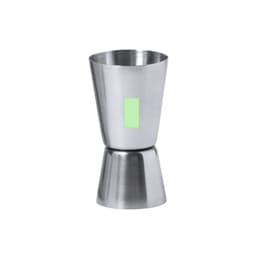 A stainless steel jigger with a sleek design, featuring a smooth finish and a branding logo.