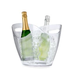 A clear ice bucket filled with ice, holding one green-labelled sparkling wine bottle and one silver bottle.