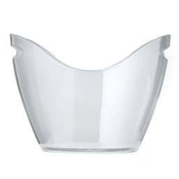 A transparent ice bucket with a sleek, modern shape. It features curved edges and has a branding logo.