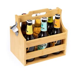 A drink bottle holder made of bamboo, featuring six slots for glass bottles and a built-in bottle opener.