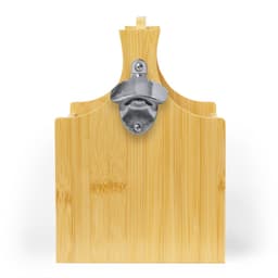 A bamboo bottle cooler with a metal bottle opener attached, featuring a sleek and minimalist design.