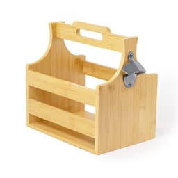 A bamboo storage caddy featuring two compartments and a handle for easy carrying. It includes a metal bottle opener.