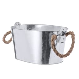 A silver ice bucket with two woven rope handles, suitable for leisure and outdoor settings.