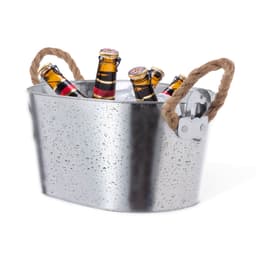 A silver ice bucket with condensation, filled with bottles and featuring rope handles.