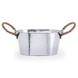 A metal ice bucket with a silver finish and rope handles, suitable for leisure and outdoor use.