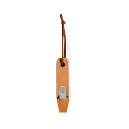 A drink bottle opener with a wooden body and a metallic opening mechanism, featuring a leather strap for hanging.