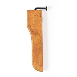 A drink bottle opener with a wooden handle and a metallic hook, featuring a simple design.