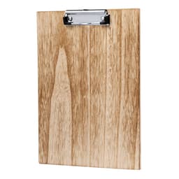 A wooden clipboard with a metal clip, featuring a natural wood grain finish.