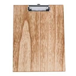 A wooden clipboard with a shiny metal clip, featuring a natural wood grain finish.