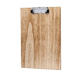 A wooden clipboard with a metal clip, featuring a natural wood finish.