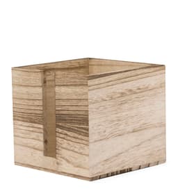 A square wooden storage box with a natural wood finish and decorative cutout. It features a clean, modern design.