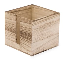 A wooden storage box with a natural finish, featuring a simple design and a single compartment.