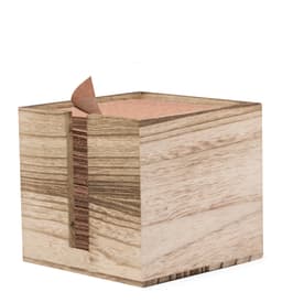 A wooden note dispenser with a natural finish, featuring a stack of paper notes and a small tear-off section.