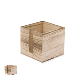 A wooden storage box in a light timber finish, featuring a minimalistic design with a smooth texture and open top.