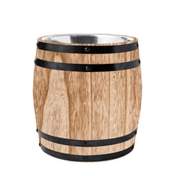 A wooden ice bucket featuring a natural wood finish and black metal bands. It has a metallic interior.