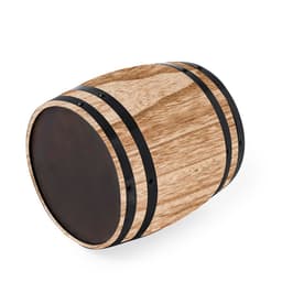 A wooden ice bucket with a natural finish, featuring black metal bands around the centre. It has a circular base.