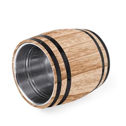 An ice bucket with a wood-like design and stainless steel interior, featuring black bands around the barrel.