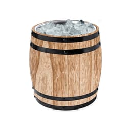 A wooden ice bucket resembling a barrel, filled with ice and featuring black metal bands.