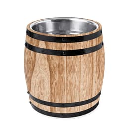 A wooden ice bucket featuring a metal interior and black accents, designed for leisure and outdoor use.