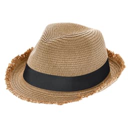 A tan straw hat with a frayed brim and a black ribbon band, featuring branding.