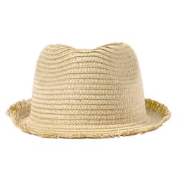 A straw hat in a light beige colour with a textured pattern and a frayed brim. It features a logo on the side.