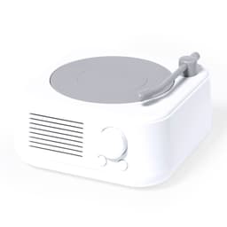 A small white Bluetooth speaker with a grey top, resembling a turntable design, featuring a volume control knob.