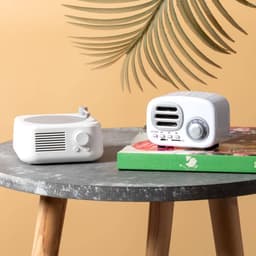 A white Bluetooth speaker set on a grey table, accompanied by a green book and a palm leaf in the background.