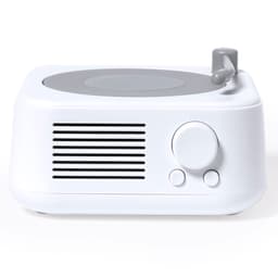 A white Bluetooth speaker with a grey top, featuring buttons and a branding logo on the side.